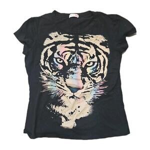 Body-central Y2K Women's S Black  Shirt w Iridescent Tiger Graphic
